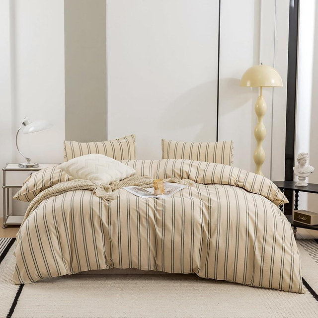 ECOCOTT Duvet Cover Oversized King Size - Linen Feel Organic Natural 100% Washed Cotton, Soft Breathable & Durable Bedding Set, Comfy Stripe Design for All Seasons