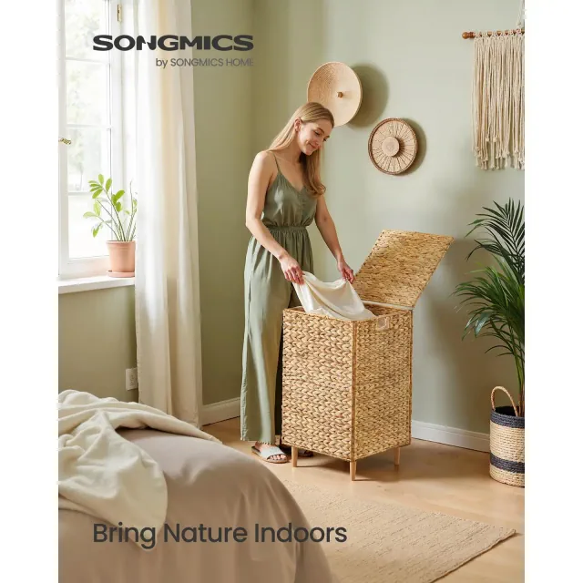 25-Gallon Handwoven Laundry Hamper with Lid and Washable Liner, Natural Water Hyacinth Basket with Wooden Feet, Steel Frame