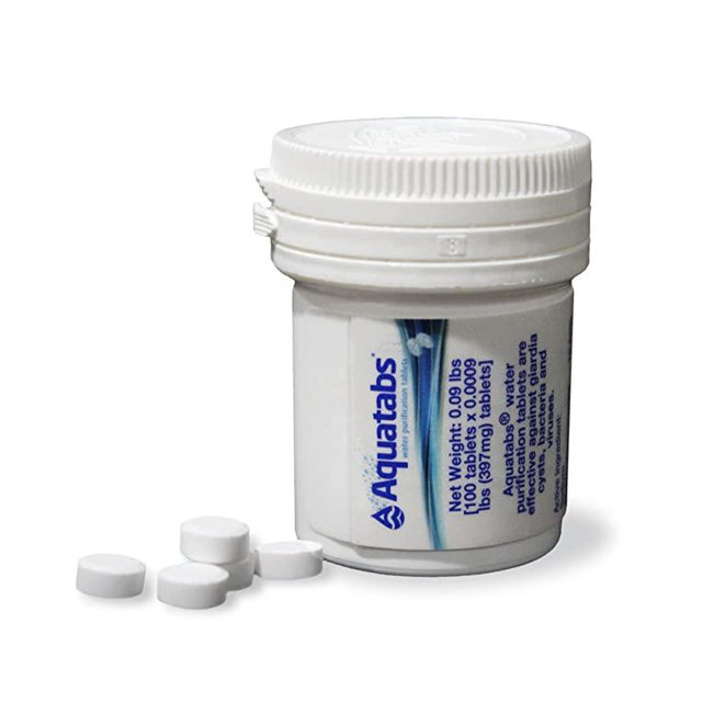 Aquatabs 397mg Water Purification Tablets (100 Pack). Water Filtration System for, Camping, Boating, Emergencies, Survival, RVs, and Marine-Use. Easy to Use Water Treatment and Disinfection.