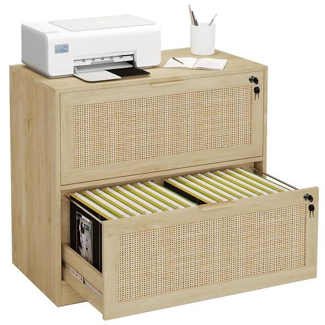 HOPUBUY 2 Drawer File Cabinet with Lock, Printer Stand Lateral Filing Cabinets for Home Office and School, Wood Rattan File Cabinet for Hanging Files/Letter/Legal/A4/F4 Size, Oak