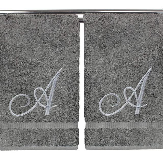 Monogrammed Hand Towel, Personalized Gift, 16 x 30 Inches - Set of 2 - Silver Embroidered Towel - Extra Absorbent 100% Turkish Cotton- Soft Terry Finish - for Bathroom, Kitchen and Spa- Script A Gray