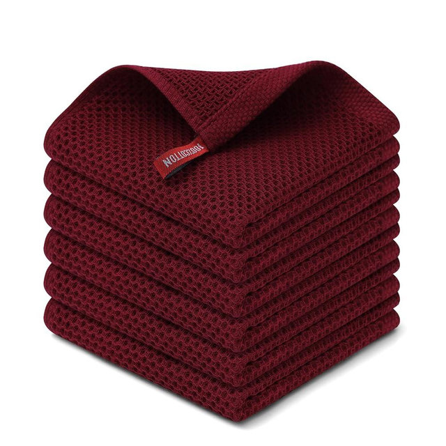 Kitinjoy 100% Cotton Kitchen Dish Cloths, 6 Pack Waffle Weave Ultra Soft Absorbent Dish Towels for Drying Dishes Quick Drying Kitchen Towels Dish Rags, 12 X 12 Inches, Burgundy