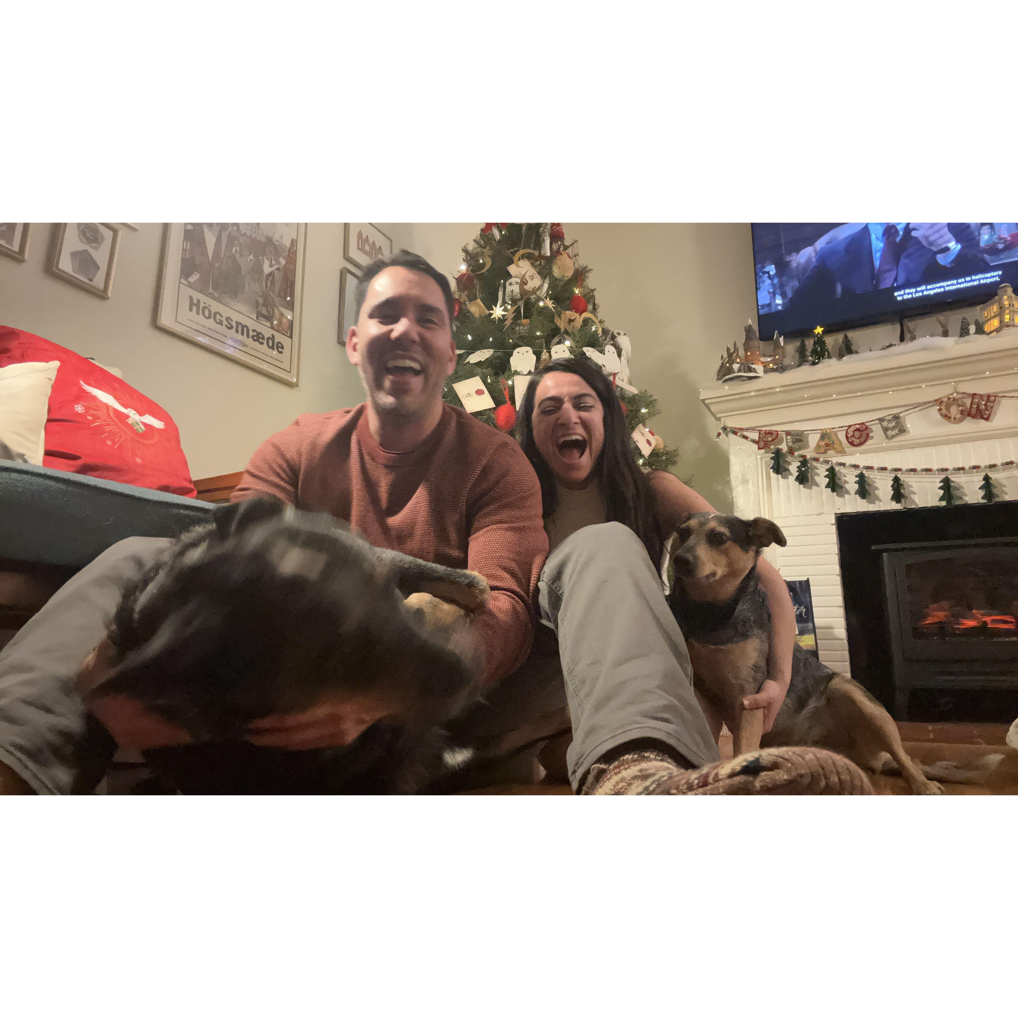 Trying to take a nice picture by the tree with the doggies and failing miserably lol- Christmas eve 2024.