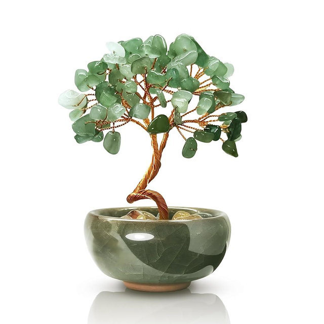 Janyortrenner Green Aventurine Crystal Tree,Harmony Office Desk Home Decor,Vitality Gift with Copper Wire in Ceramic Base