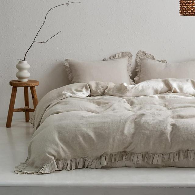Simple&Opulence 100% Washed Linen Duvet Cover Set-Full Size-3 Pieces Premium Ruffled Bedding with 1 Comforter Cover and 2 Pillowshams France Flax High End Frill Sets Farmhouse Style,Natural Linen