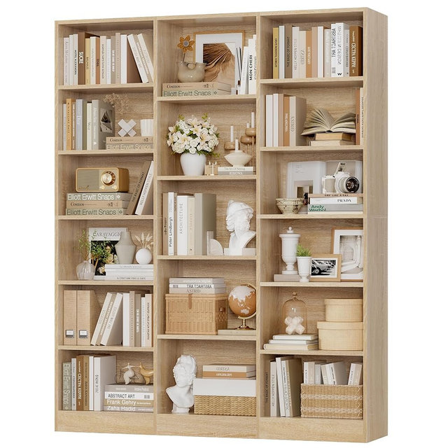 FACBOTALL Triple Wide Bookshelf, 6 Tier Large Bookshelf, Bookcase with 17 Open Display Shelves, 74'' Tall Bookcases and Bookshelves for Living Room, Home Office, Library, Light Oak