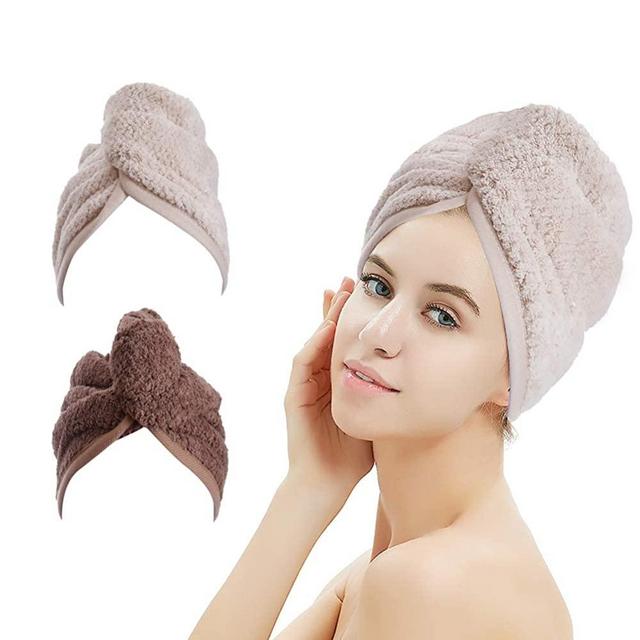M-bestl 2 Pack Hair Drying Towels,Hair Wrap Towels,Super Absorbent Microfiber Hair Towel Turban with Button Design to Dry Hair More Quicker（Khaki&Coffee