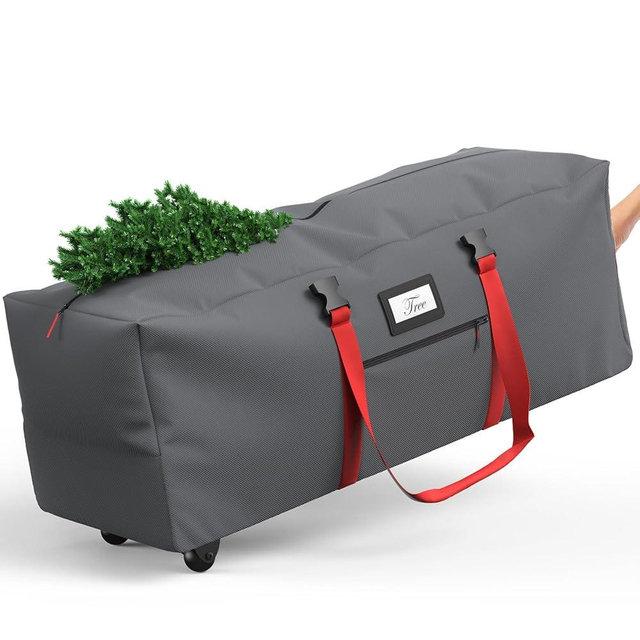 Winpull Rolling Christmas Tree Storage Bag for 9 ft Artificial Tree, 600D Waterproof Oxford Fabric, Large Christmas Tree Bag with Dual Zipper, Wheels, Handles, Heavy Duty Xmas Storage Container - Gray