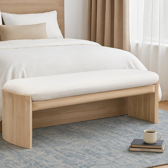 Mlmh & Kngwa 51.5" W Wooden Entryway Bench Upholstered End of Bed Bench Large Ottoman Dining Benches Window Seat for Living Room Bedroom, Beige