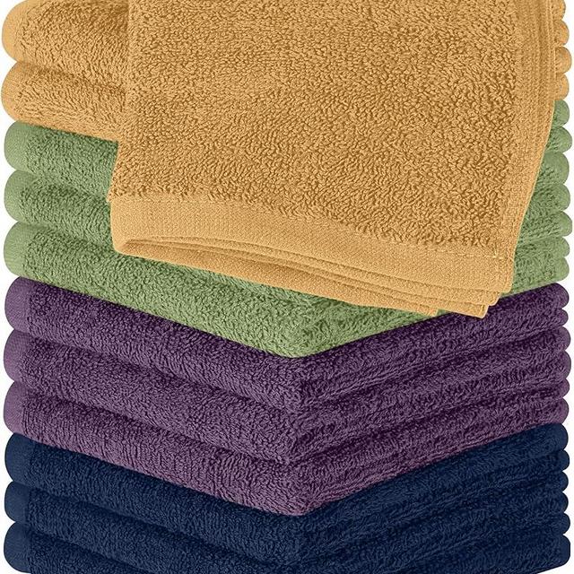 Utopia Towels 12 Pack Cotton Washcloths Set - 100% Ring Spun Cotton, Premium Quality Flannel Face Cloths, Highly Absorbent and Soft Feel Fingertip Towels (Beige, Plum, Sage Green, Navy)