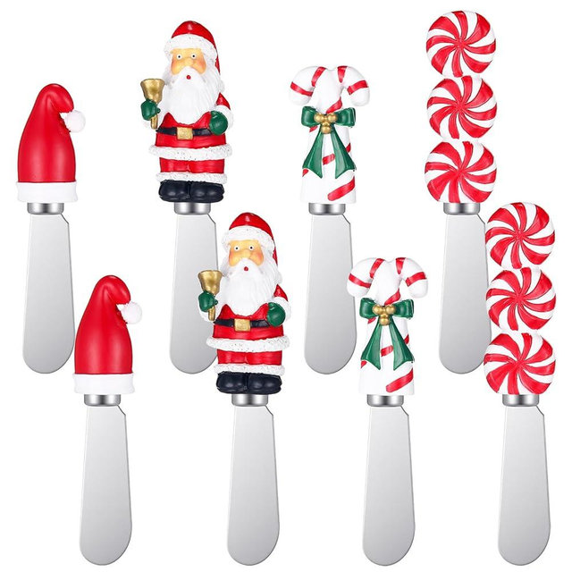 Lasnten 8 Pcs Christmas Themed Cheese Butter Spreaders Knives Holiday Decor Hand-Painted Resin Handles with Stainless Steel Blades Cheese Spreader Set for Cream, Butter, and Jam
