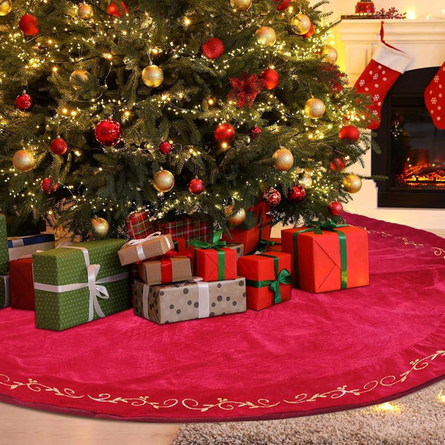 HyDren 72 Inch Velvet Christmas Tree Skirt Christmas Tree Skirt Gold Bronzing Christmas Tree Decorations Vintage Christmas Party Favors Rustic Holiday Decor(Red)