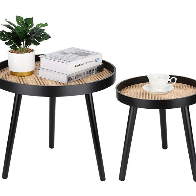 Round Coffee Table Set of 2, Black Boho Coffee Table, Small Mid Century Modern Rattan Coffee Table, Boho Side Table End Tables for Living Room Bedroom Office Balcony
