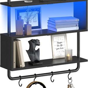 HOOBRO Floating Shelves with LED Lights, 29.5" LED Wall Mounted Gaming Shelf, 3-Tier Pipe Display Rack with Hanging Rod and 4 S-Hooks, for Storage Livingroom, Bedroom, Kitchen, Black BB21DBJ01