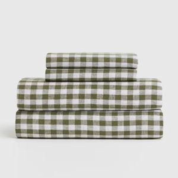 European Linen Gingham Sheet Set in Olive