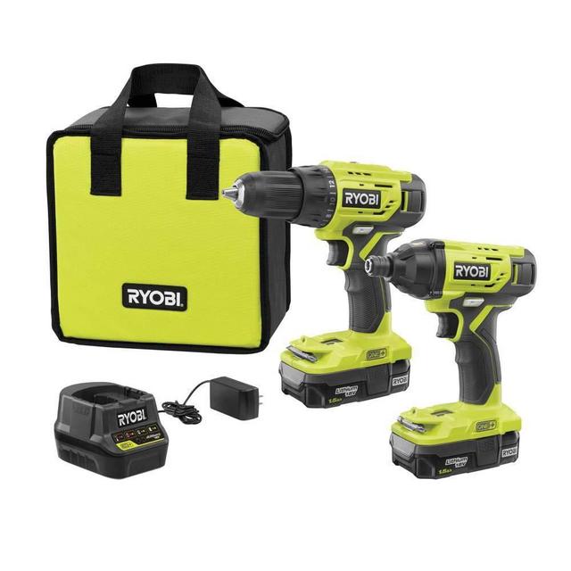 Ryobi P1817 18V ONE+ Lithium-Ion Cordless 2-Tool Combo Kit with (2) 1.5 Ah Batteries, 18-Volt Charger, and Bag