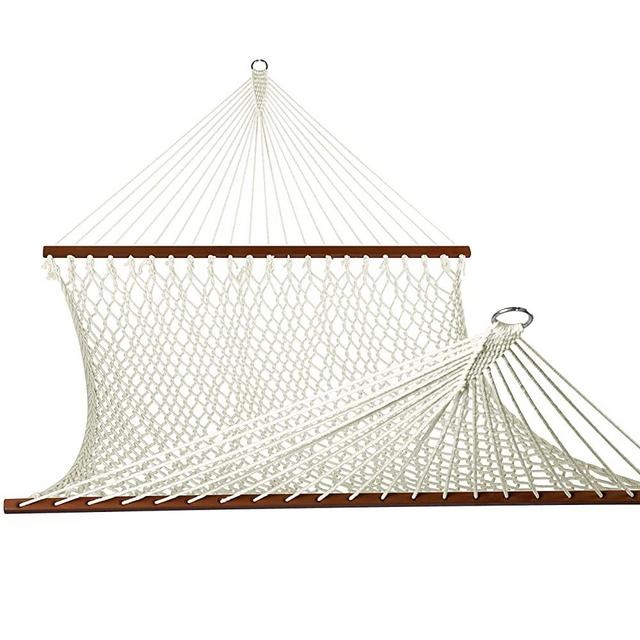 Lazy Daze Hammocks Polyester Rope Double Hammock with Wood Spreader Bar, Chains and Hooks, for Two Person, 450 Pounds Capacity, Natural