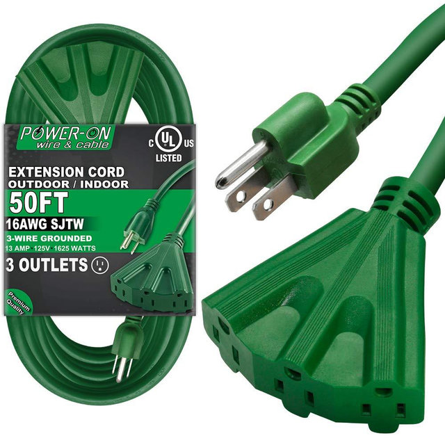 Kasonic 50 Ft Extension Cord with 3 Outlets, UL Listed; 16/3 SJTW; 3-Wire Grounded; 13A 125V 1625W; for Indoor/Outdoor Use - Green