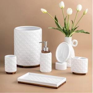 Bathroom Accessories Set 6 Pcs Ceramic Wooden Bathroom Set with Soap Dispenser Toothbrush Holder Tray Tumbler Soap Dish Trash Can（White）