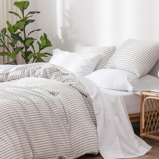 MooMee Bedding Sheet Set 100% Washed Cotton Linen Like Textured Breathable Durable Soft Comfy (Bright White, Queen)