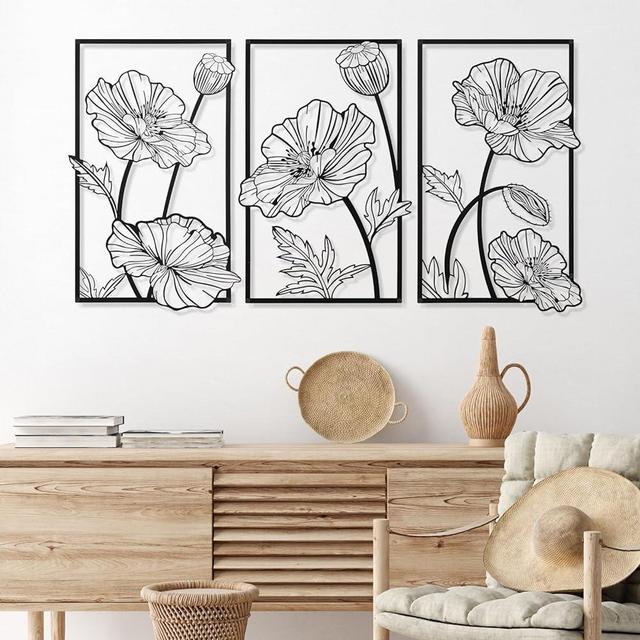 Therwen 3 Pcs Black Metal Wall Art Minimalist Wall Decor for Bedroom Flowers Wall Decor Hanging Flower Bathroom Wall Art Floral Line Wall Sculpture Kitchen Decoration 16.5 x 11.8 Inch (Lotus)