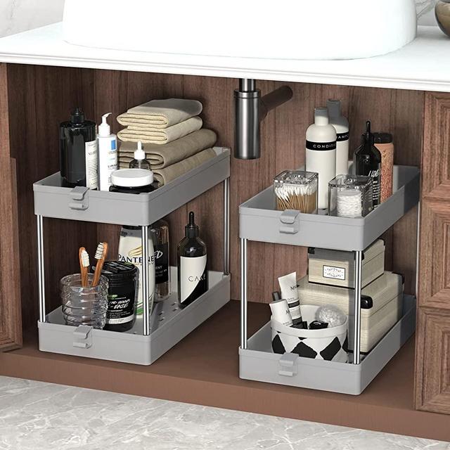 SPACEKEEPER Under Sink Organizer, 2 Tier Under Sink Storage Organizer, Bathroom Standing Rack, Bath Collection Slide-out Baskets with Hooks, Multi-purpose Storage Shelf, Gray, 2 Pack