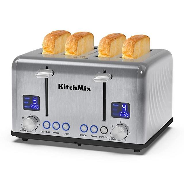 Toaster 4 Slice, KitchMix Bagel Stainless Toaster with LCD Timer, Extra Wide Slots, Dual Screen, Removal Crumb Tray (Stinless steel)