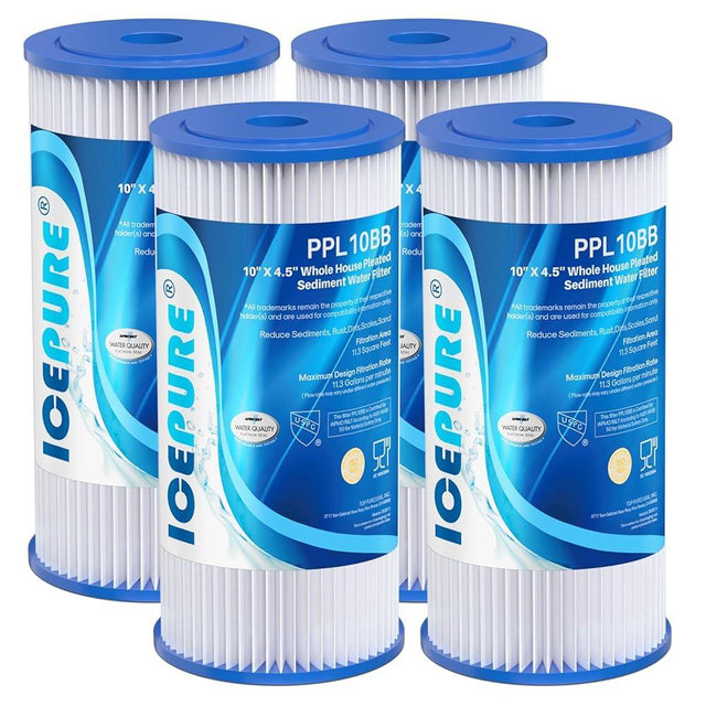 ICEPURE 5 Micron 10" x 4.5" Whole House Sediment Pleated Water Filter Replacement for GE FXHSC, Culligan R50-BBSA, Pentek R50-BB, DuPont WFHDC3001, W50PEHD, GXWH40L, GXWH35F for Well Water, 4PACK