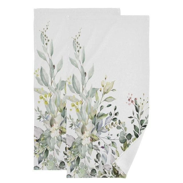 HATESAH 2 Pack Eucalyptus Hand Towels,Microfiber Absorbent Watercolor Sage Green Leave Bathroom Towels,Quick Drying Plant Floral Kitchen Towels,Leaf Hand Towels for Bathroom,Shower,Guest,Face 14"x28"