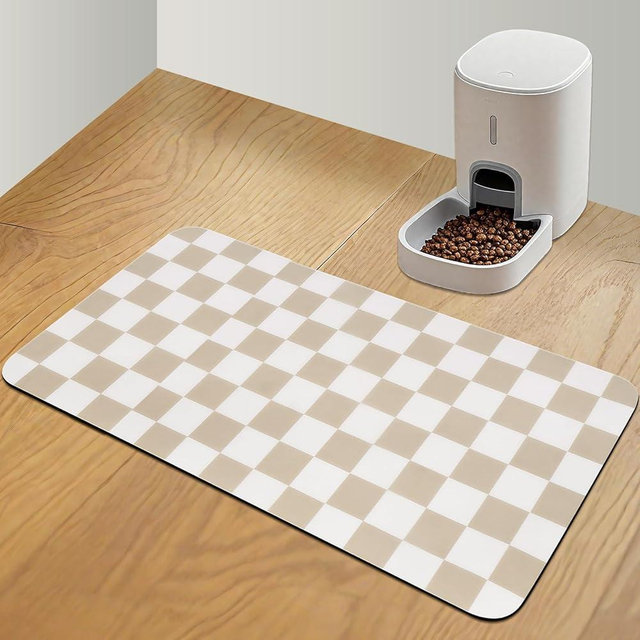 CooRug Checkered Dog Food Mat, Absorbent Leak-Proof Pet Feeding Mat, Quick Dry Cat Food Mat for Messy Drinkers 17" x 32" Khaki