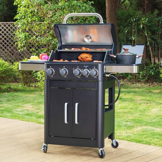 Captiva Designs 4 Burner Gas Grill with Side Burner & Porcelain Enamed Cast Iron Grate 46700 btu E02GR022 Black