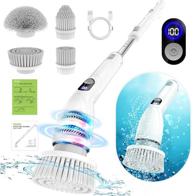 TUYU Electric Spin Scrubber,Full-Body IPX7 Waterproof Bathroom Scrubber with Power LCD Display, Adjustable Extension Handle and Cordless Electric Cleaning Brush for Bathroom,Kitchen Cleaning
