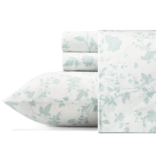 Laura Ashley Garden Palace Cotton Sateen Sheet Set, Queen, Pastel Blue