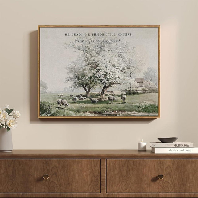 Framed Vintage Christian Wall Art, Neutral Landscape Bible Verse Print with Sheep Farmhouse Artwork, Inspirational Religious Decor for Living Room Bedroom Prayer Room, 12x16 Inch