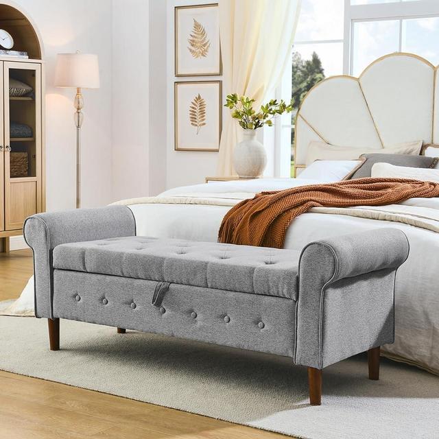 ODUWA Storage Bench for Bedroom End of Bed,62" Tufted Rolled Armed Storage Linen Fabric Bench,Upholstered Window Ottoman Storage Benches Seat with Solid Wood Legs for Entryway Living Room