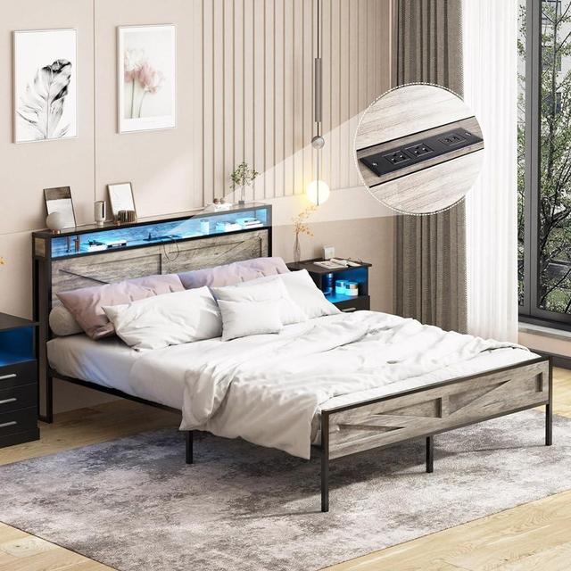 Halitaa LED King Size Bed Frame with Charging Station, Platform Metal Bed Frame with Headboard Storage & USB Ports Outlets, Farmhouse Bed Frame with Lights for Bedroom, Noise Free, Wash Grey (King)
