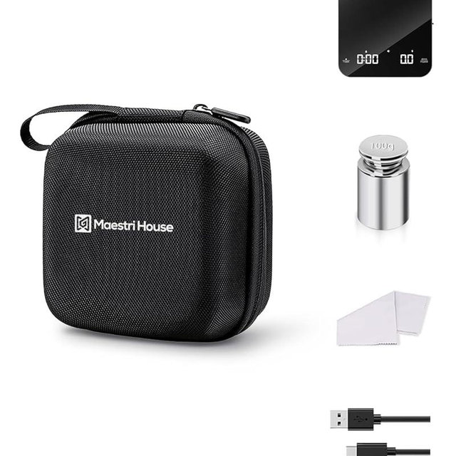 Maestri House Mini Coffee Scale Barista Kit with 100g Calibration Weight & Carrying Case, Rechargeable Espresso Scale with Timer, 0.1g Precision 2kg Kitchen Scale, Portable for Pour Over & Travel