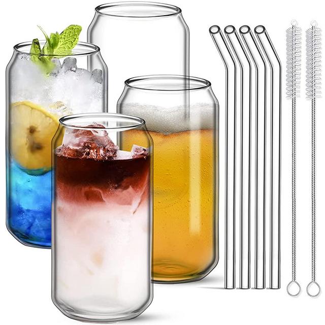 16oz Glass Cups Set of 4,Beer Can Glass Cup with Straw,Iced Coffee Cup,Heat and Cold Resistant Drinking Glasses