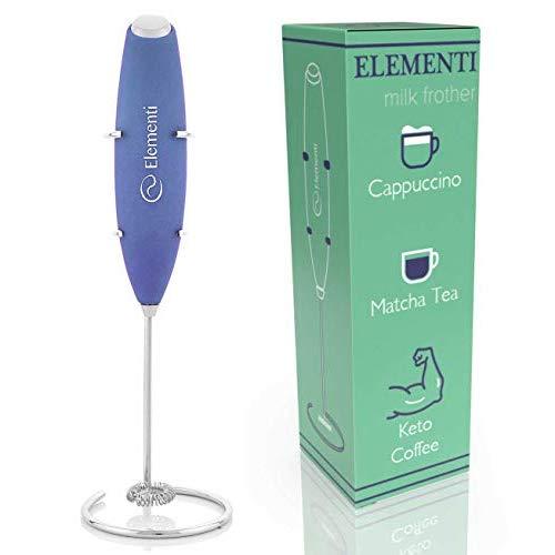 Elementi Milk Frother with Stainless Steel Whisk & Stand – Handheld Battery-Operated Drink Mixer, Coffee Frother, Milk Foamer, Cappuccino Maker, Great for Bulletproof Coffee, MCT Oil & Matcha Latte
