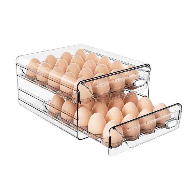 HIYOHIYO 40 Grids Egg Holder for Refrigerator, All Clear PET Egg Container with Time Scale, Stackable Egg Storage Edible Grade PP Drawers, Transparent Egg Tray for Fridge (2 Layer, 9.8"x 8.5"x 5.5")