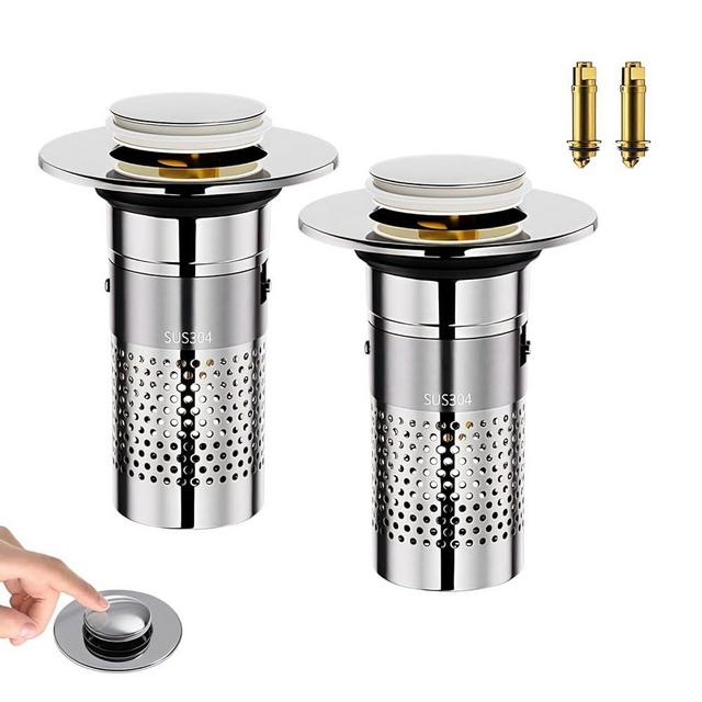 Universal Pop-Up Bathroom Sink Stopper, Stainless Steel Drain Strainer with Removable Filter Basket for 1.1"-2.36" Basin, Push-to-Bounce Core, Bathroom Sink Plug, Hair Catcher, 2 Pack