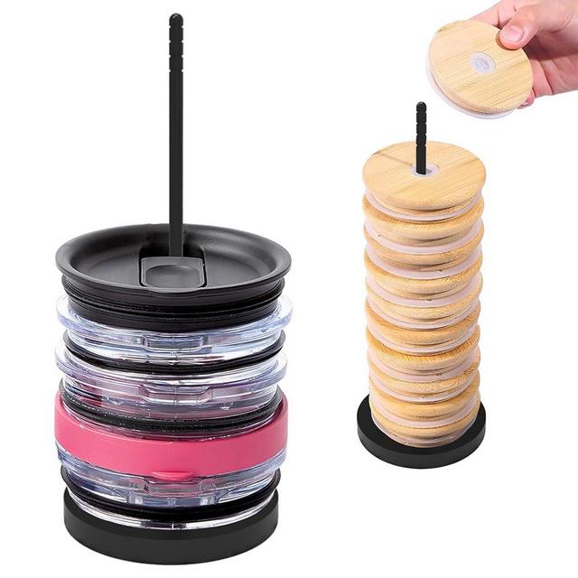 Lapoo Tumbler Lid Organizer, Versatile No Shaking More Stable Tumbler Lid Storage for YETI & Stanley Lids, Dual-hole Design for Drinking and Straw Lids Hold up to 10 Lids, Efficient Space-saving Black