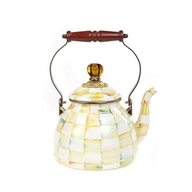 MacKenzie-Childs Parchment Check Enamel Tea Kettle, Decorative Teapot, 2 Quart