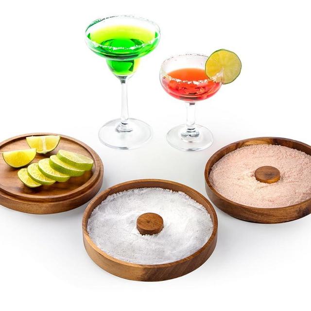 Nucookery 3-Tier Wood Bar Glass Rimmer, 5.6" Margarita Salt Rimmer Set, Sugar and Salt Rimmer Tray for Juice Cocktails, Bartender Bar Party Tool, Drinks Bar Accessories Box for Home Bar, Acacia Wood