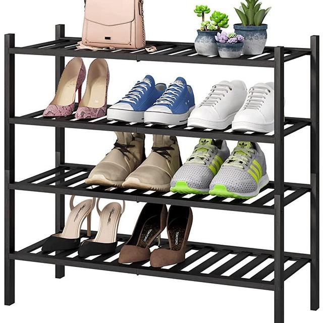 4-Tier Black Bamboo Shoe Rack for Entryway, Stackable | Foldable | Natural, Shoe Organizer for Hallway Closet, Free Standing Shoe Racks for Indoor Outdoor