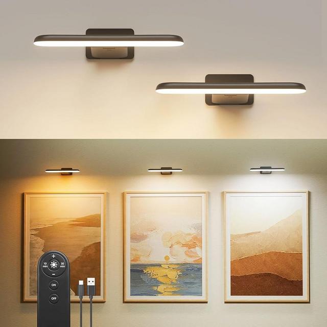 FULEN 2 Pack Picture Lights for Wall,Battery Operated Wall Sconce Rechargeable,LED Wall Light Cordless with Remote,3 Color Temperature, Art Lights for Painting,Frame,Gallery,Dartboard Lights,Black