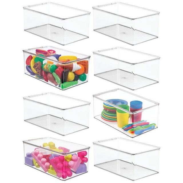 mDesign Playroom Stackable Plastic Storage Box with Lid - for Organizing Baby/Child's/Kids Toys, Action Figures, Crayons, Markers, Blocks, Puzzles, Crafts, Crayons, Dog/Cat Toy Box, 8 Pack - Clear