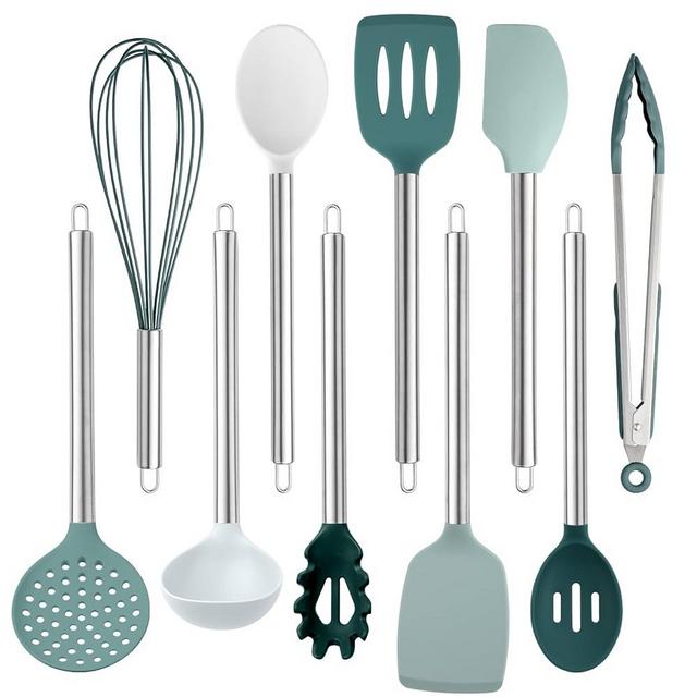 COOK WITH COLOR Silicone Cooking Utensils, 10 Pc Kitchen Utensil Set, Easy to Clean Silicone Kitchen Utensils, Cooking Utensils for Nonstick Cookware, Kitchen Gadgets Set (Teal)