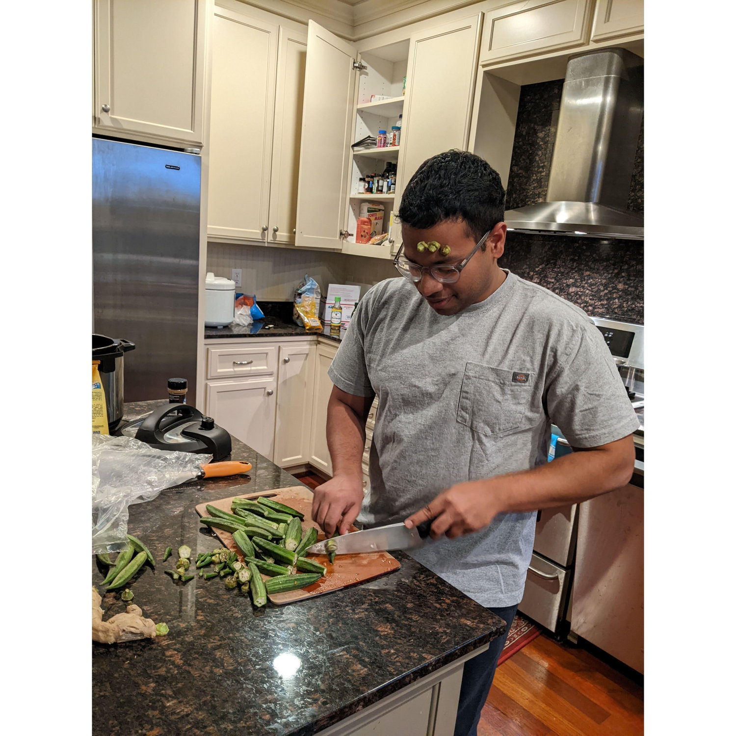 Rick cooking me bhindi for the first time