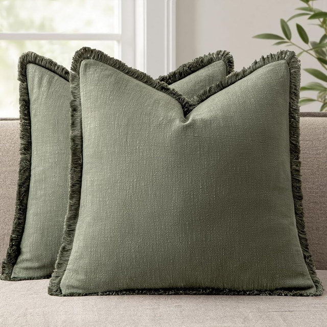 ANRODUO Set of 2 Decorative Throw Pillow Covers 26×26 Inch Soft Linen Fringe Farmhouse Boho Vintage Cushion Cover with Tassels Accent Pillowcase for Couch Sofa Bed Living Room Summer Decor Olive Green